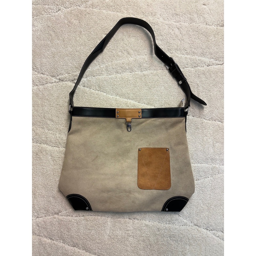 Noromoro Large Beige Faux Suede Hobo Shoulder Bag Black Trim New*